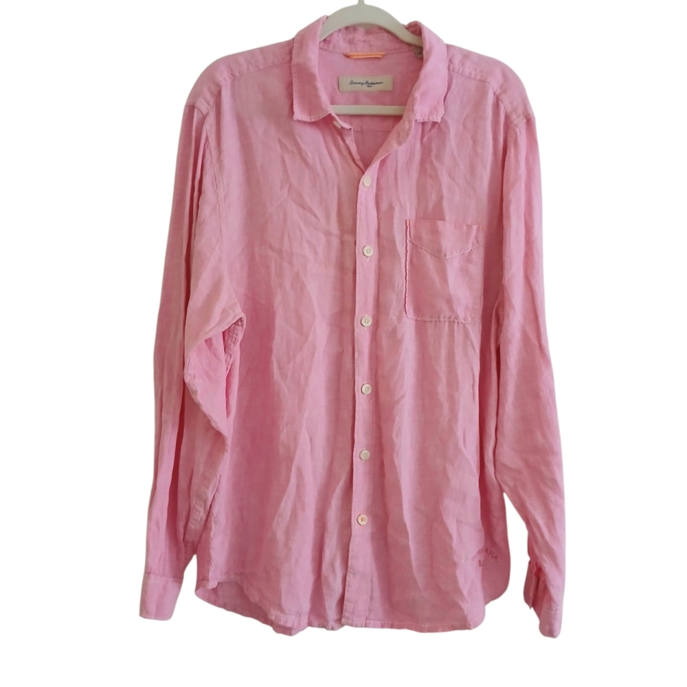 Tommy Bahama 100% Linen Long Sleeve Button Up Shirt Men's L Pink Relaxed Fit